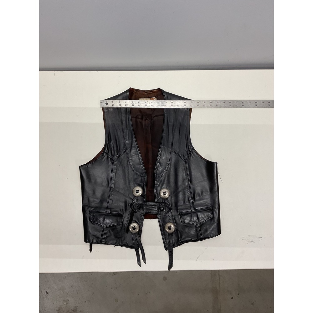 Vintage Black Leather Western Concho Fringe Vest  Size 42 Biker - Picture 3 of 5
